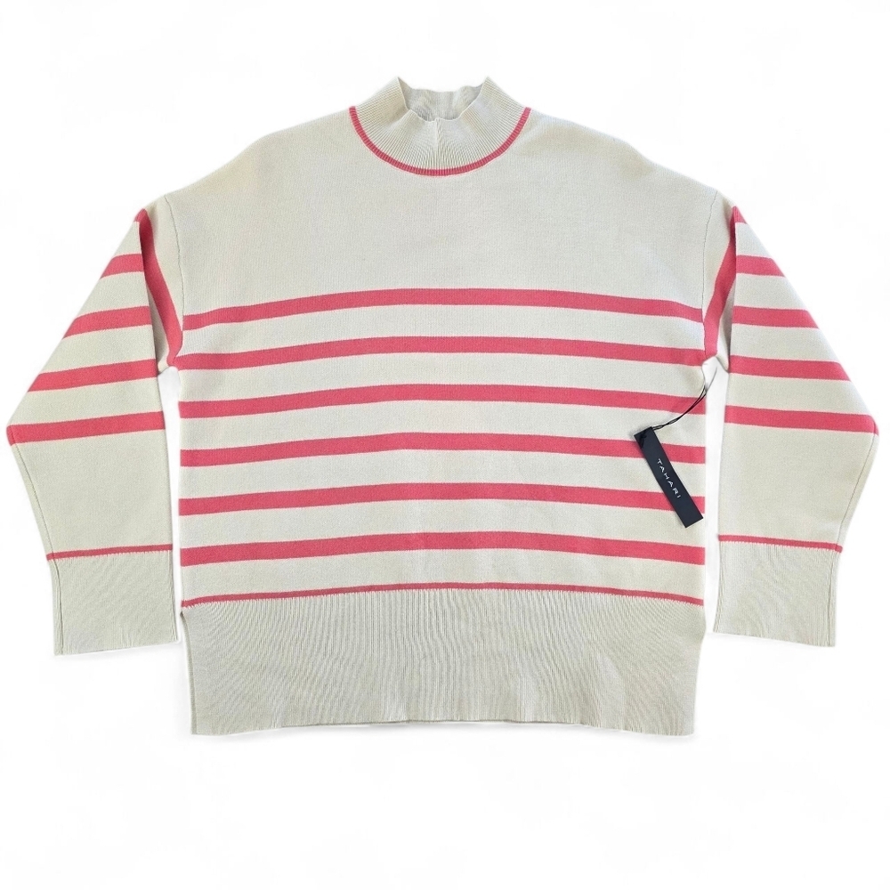 Tahari Striped Mock Neck Sweater Pink/Ivory Rayon Blend Soft Long Sleeve L NWT